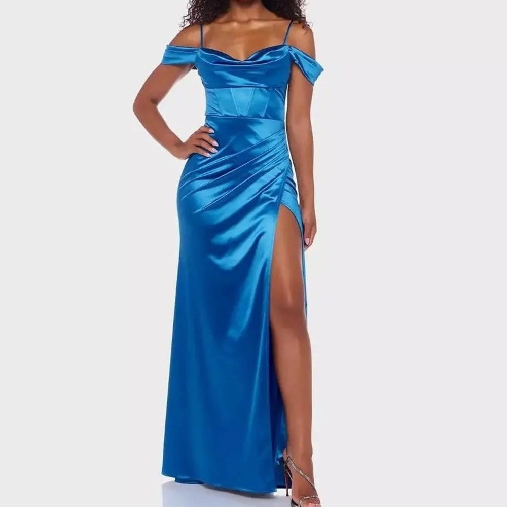 B Darlin Cowl Neck High Slit Corset Cobalt Split Gown Juniors Size 3/4 NWT